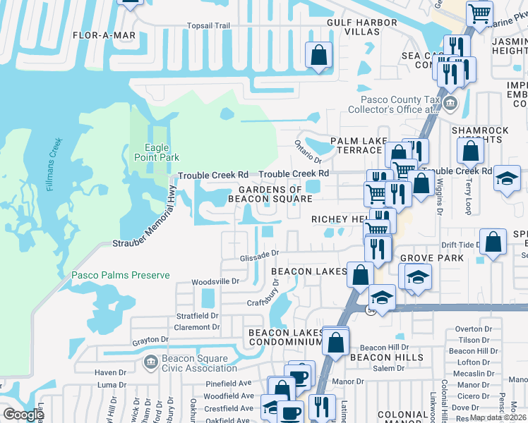 map of restaurants, bars, coffee shops, grocery stores, and more near 4367 Summersun Drive in New Port Richey