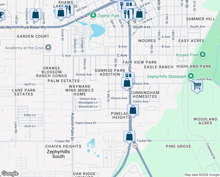 map of restaurants, bars, coffee shops, grocery stores, and more near 38248 Alston Avenue in Zephyrhills