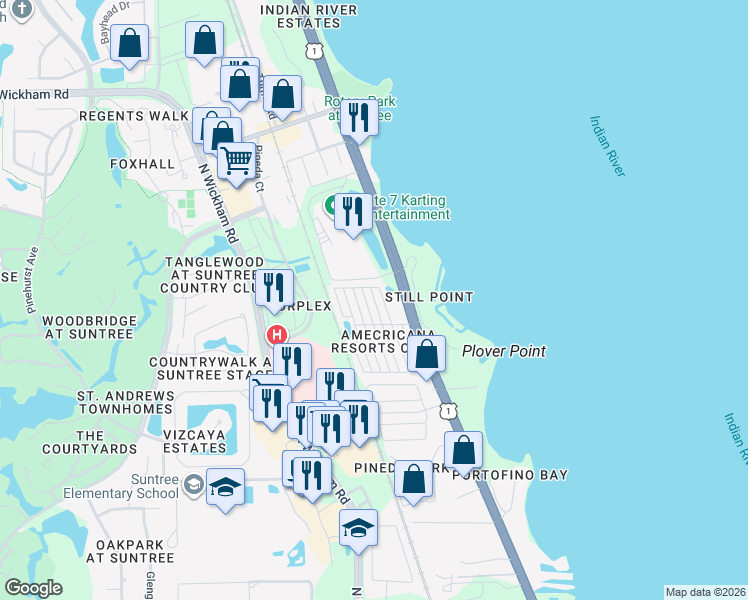 map of restaurants, bars, coffee shops, grocery stores, and more near Montreal Way in Rockledge