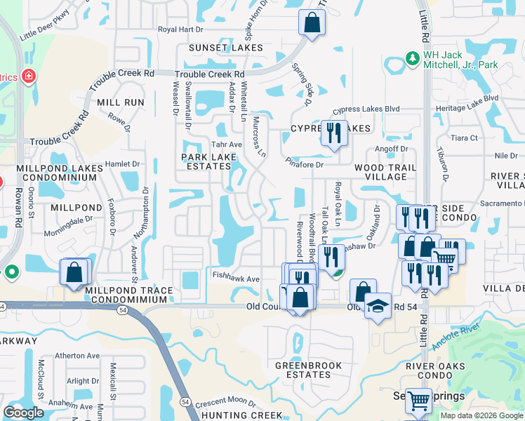 map of restaurants, bars, coffee shops, grocery stores, and more near 4348 Black Fox Drive in New Port Richey