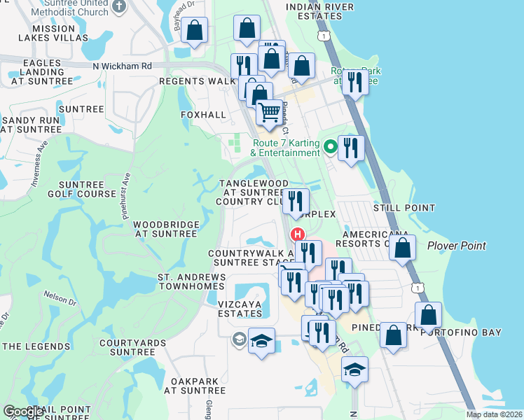 map of restaurants, bars, coffee shops, grocery stores, and more near 305 Tangle Run Boulevard in Melbourne