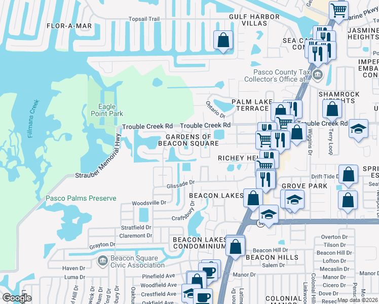 map of restaurants, bars, coffee shops, grocery stores, and more near 4346 Sunstate Drive in New Port Richey