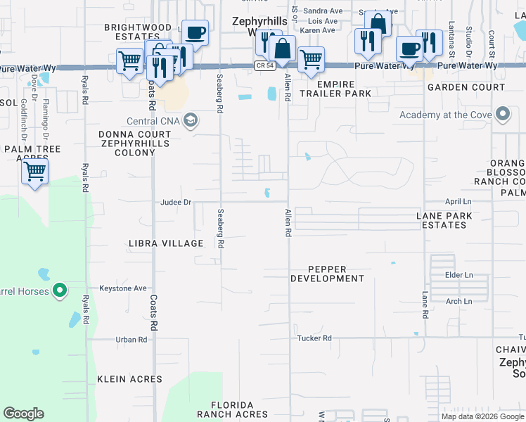 map of restaurants, bars, coffee shops, grocery stores, and more near 4435 Allen Road in Zephyrhills