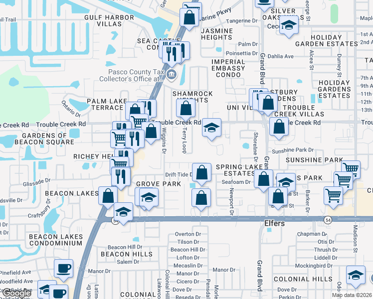 map of restaurants, bars, coffee shops, grocery stores, and more near 4430 Terry Loop in Port Richey