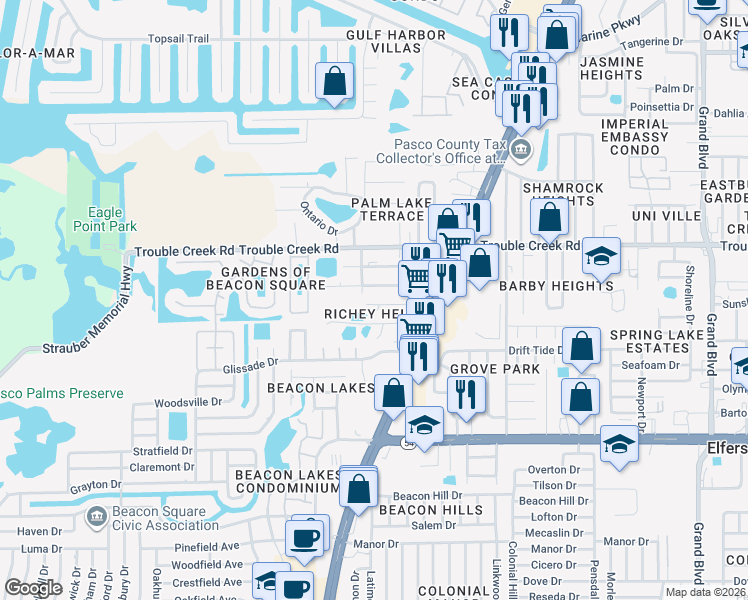 map of restaurants, bars, coffee shops, grocery stores, and more near 4636 Cottonwood Drive in New Port Richey