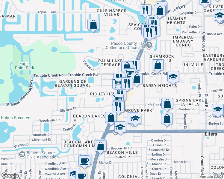 map of restaurants, bars, coffee shops, grocery stores, and more near 4636 Cottonwood Drive in New Port Richey