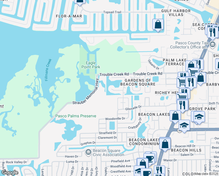 map of restaurants, bars, coffee shops, grocery stores, and more near 4115 Hampton Drive in New Port Richey