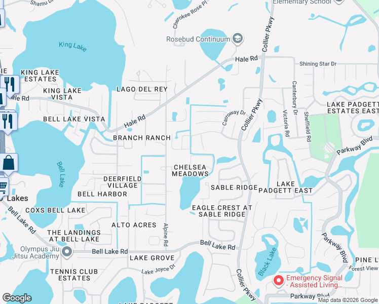 map of restaurants, bars, coffee shops, grocery stores, and more near 4550 Roundview Court in Land O' Lakes