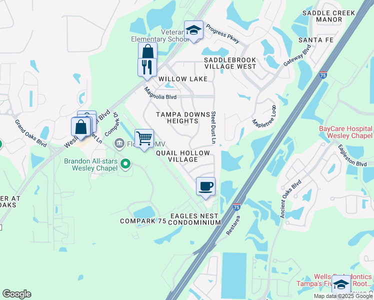map of restaurants, bars, coffee shops, grocery stores, and more near 26821 Haverhill Drive in Lutz