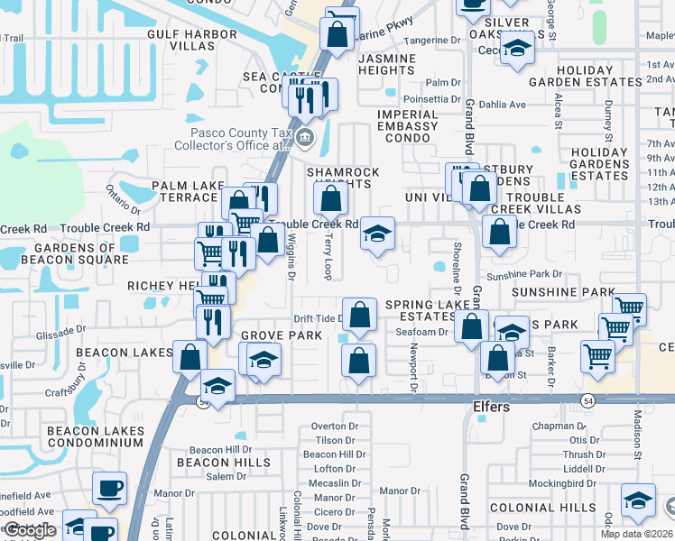 map of restaurants, bars, coffee shops, grocery stores, and more near 4430 Terry Loop in Port Richey