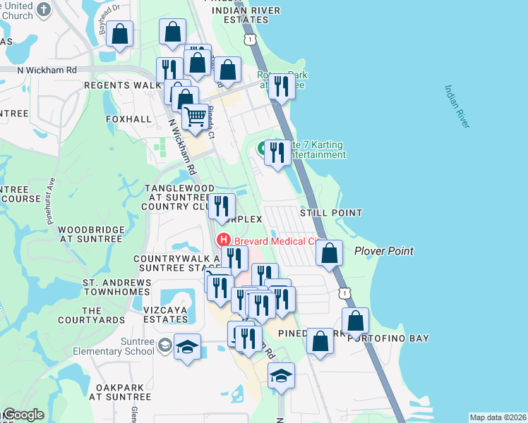 map of restaurants, bars, coffee shops, grocery stores, and more near 320 Akron Way in Rockledge