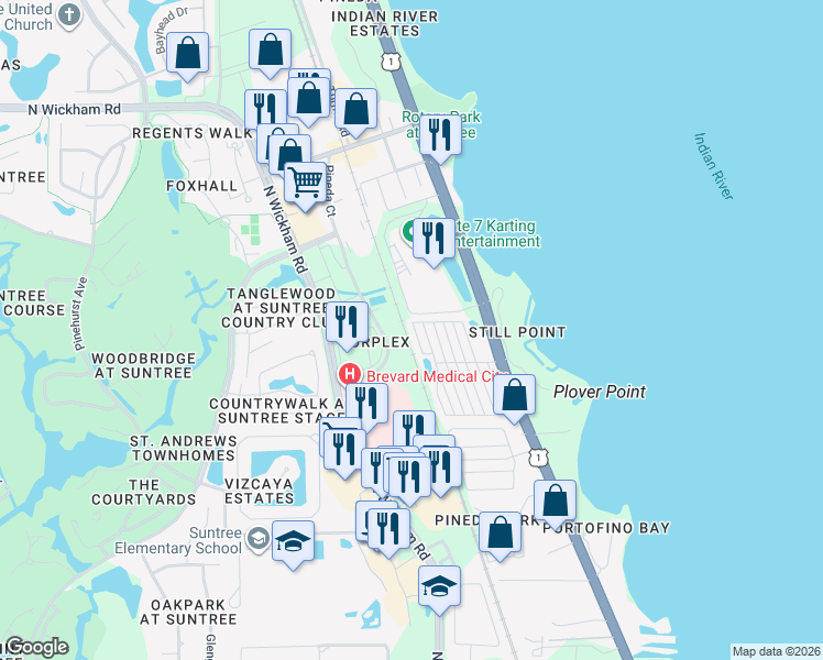 map of restaurants, bars, coffee shops, grocery stores, and more near 319 Akron Way in Rockledge