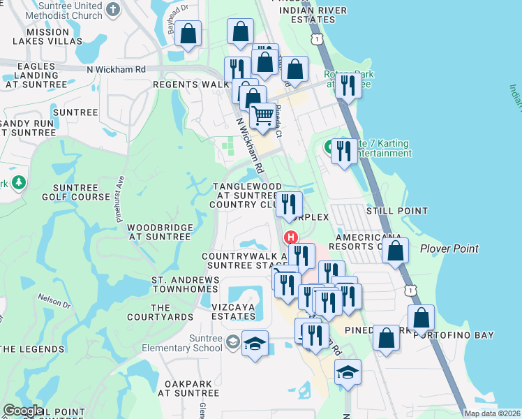 map of restaurants, bars, coffee shops, grocery stores, and more near 305 Tangle Run Boulevard in Melbourne