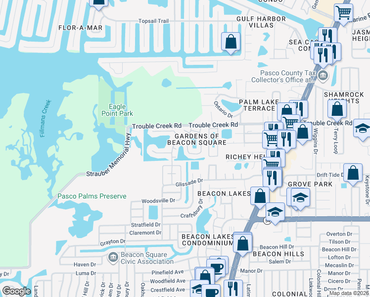 map of restaurants, bars, coffee shops, grocery stores, and more near 4367 Summersun Drive in New Port Richey