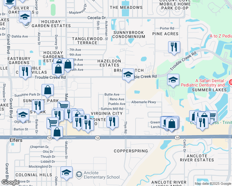map of restaurants, bars, coffee shops, grocery stores, and more near 6413 Butte Avenue in New Port Richey