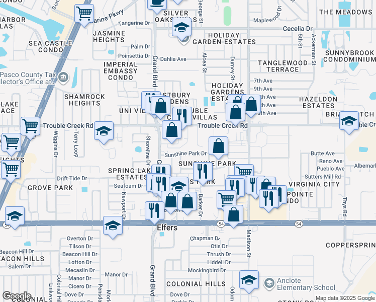 map of restaurants, bars, coffee shops, grocery stores, and more near 5645 Sunshine Park Drive in New Port Richey