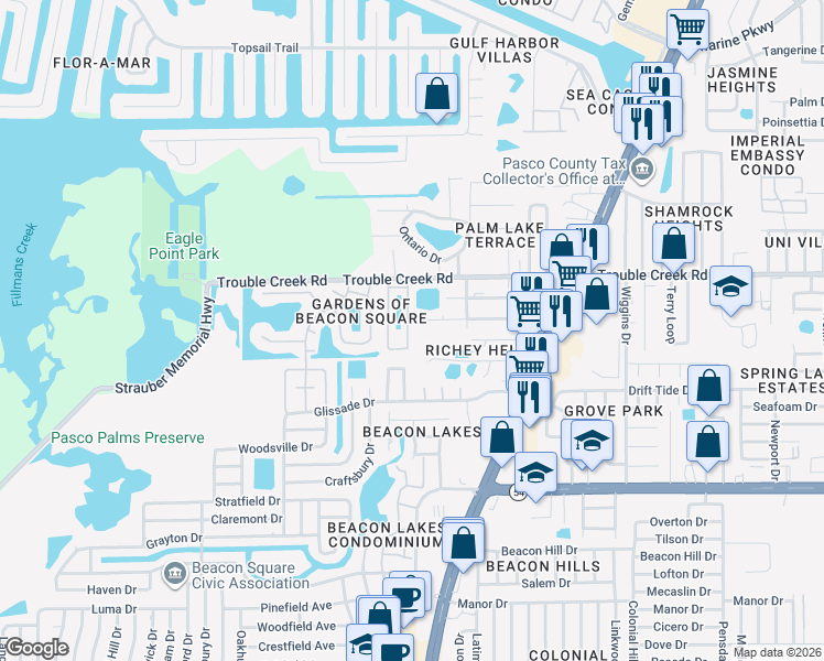 map of restaurants, bars, coffee shops, grocery stores, and more near 4457 Tucker Square in New Port Richey