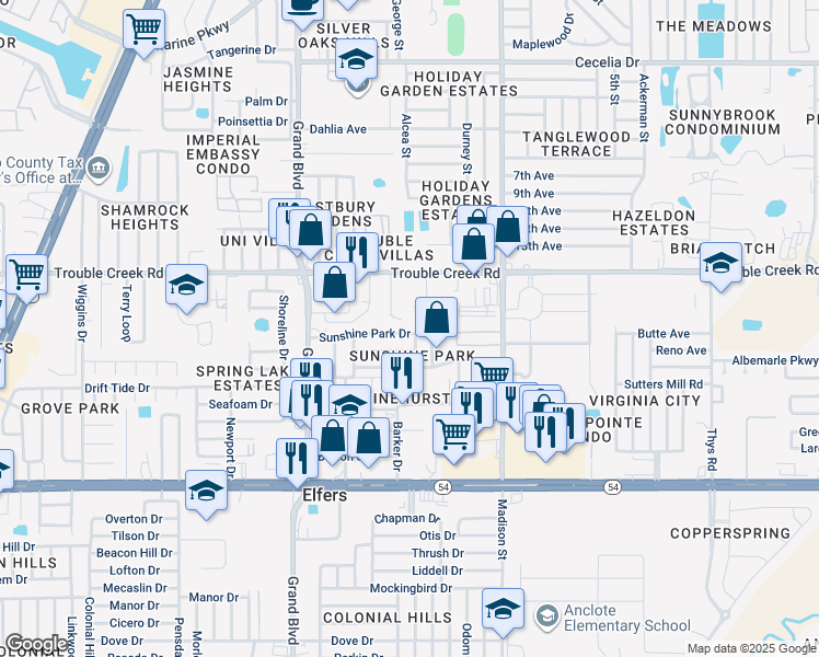 map of restaurants, bars, coffee shops, grocery stores, and more near 5743 Sunshine Park Drive in New Port Richey
