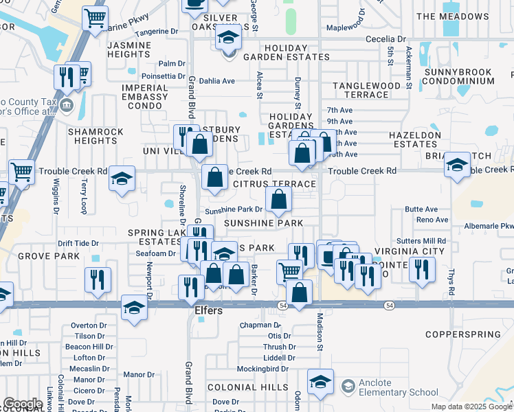 map of restaurants, bars, coffee shops, grocery stores, and more near 5743 Sunshine Park Drive in New Port Richey
