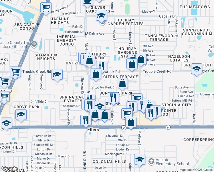 map of restaurants, bars, coffee shops, grocery stores, and more near 5645 Sunshine Park Drive in New Port Richey