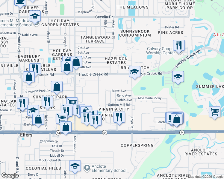 map of restaurants, bars, coffee shops, grocery stores, and more near 6315 Butte Avenue in New Port Richey