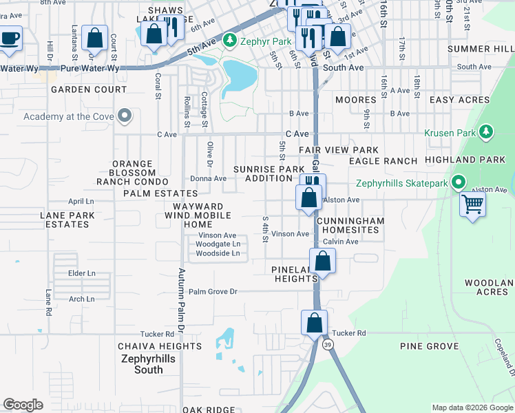 map of restaurants, bars, coffee shops, grocery stores, and more near 38248 Alston Avenue in Zephyrhills