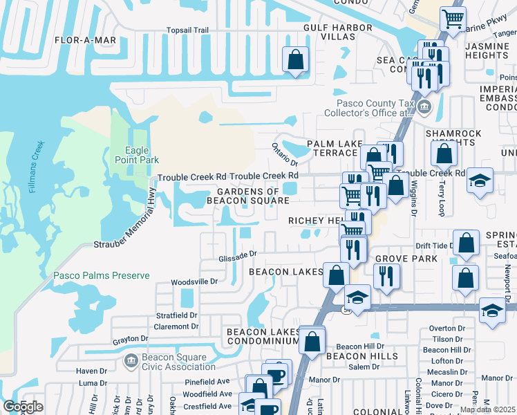 map of restaurants, bars, coffee shops, grocery stores, and more near 4346 Sunstate Drive in New Port Richey