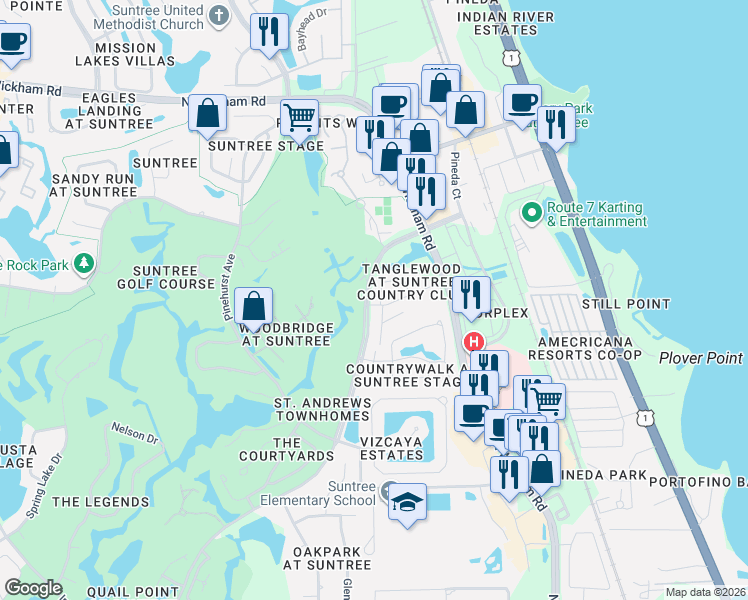 map of restaurants, bars, coffee shops, grocery stores, and more near 412 Lofts Drive in Melbourne