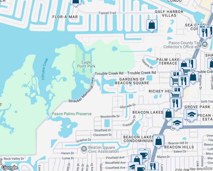 map of restaurants, bars, coffee shops, grocery stores, and more near 4115 Hampton Drive in New Port Richey
