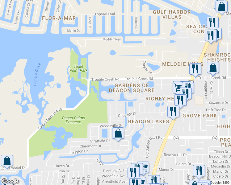 map of restaurants, bars, coffee shops, grocery stores, and more near 4353 Rustic Drive in New Port Richey