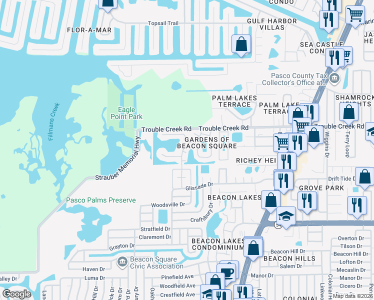 map of restaurants, bars, coffee shops, grocery stores, and more near 4349 Rustic Drive in New Port Richey
