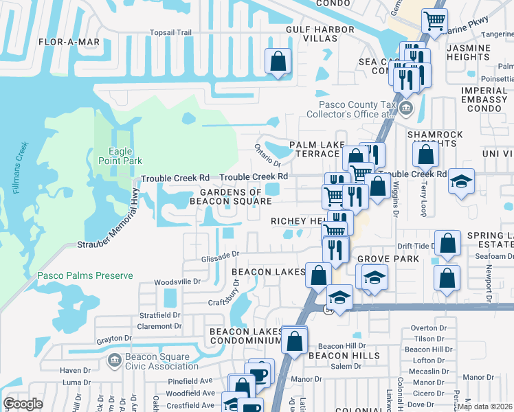 map of restaurants, bars, coffee shops, grocery stores, and more near 4457 Tucker Square in New Port Richey
