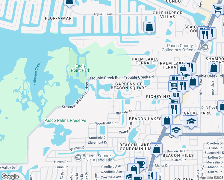 map of restaurants, bars, coffee shops, grocery stores, and more near 4349 Rustic Drive in New Port Richey