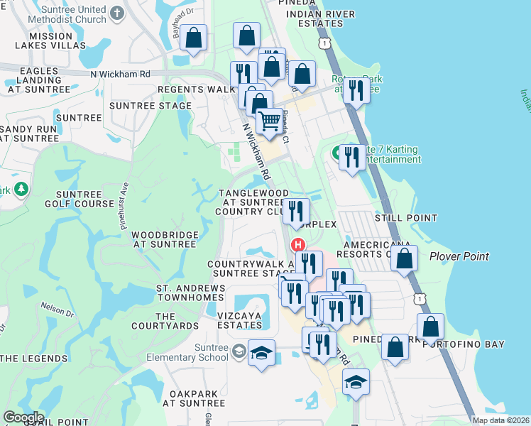 map of restaurants, bars, coffee shops, grocery stores, and more near 305 Tangle Run Boulevard in Melbourne