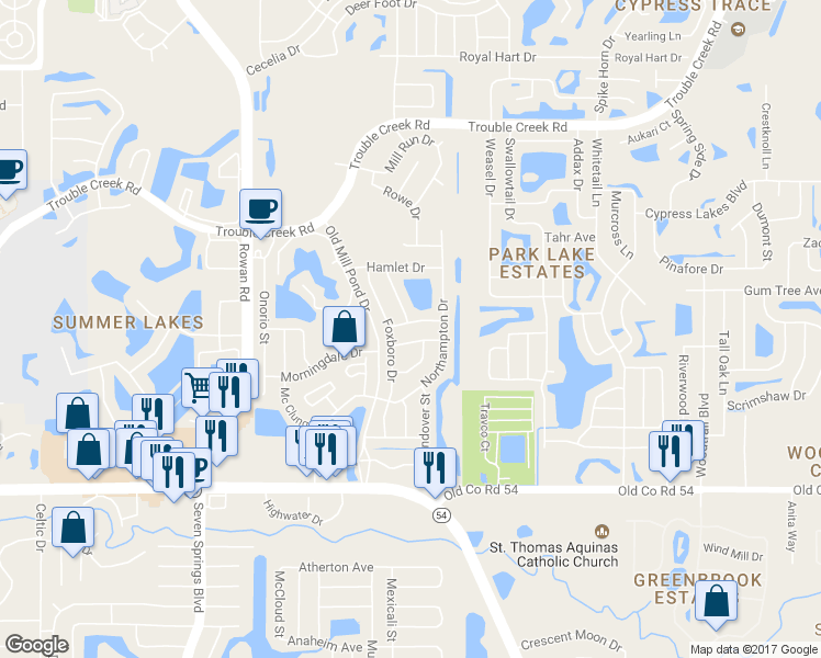 map of restaurants, bars, coffee shops, grocery stores, and more near 7840 Woburn Street in New Port Richey