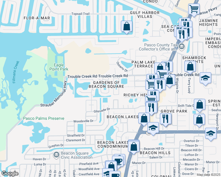 map of restaurants, bars, coffee shops, grocery stores, and more near 4346 Sunstate Drive in New Port Richey