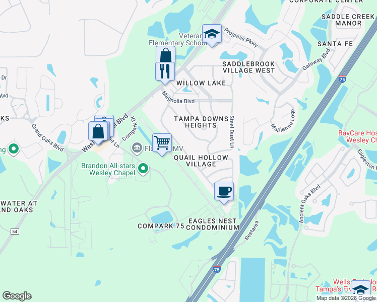 map of restaurants, bars, coffee shops, grocery stores, and more near 4514 Birdsong Boulevard in Lutz