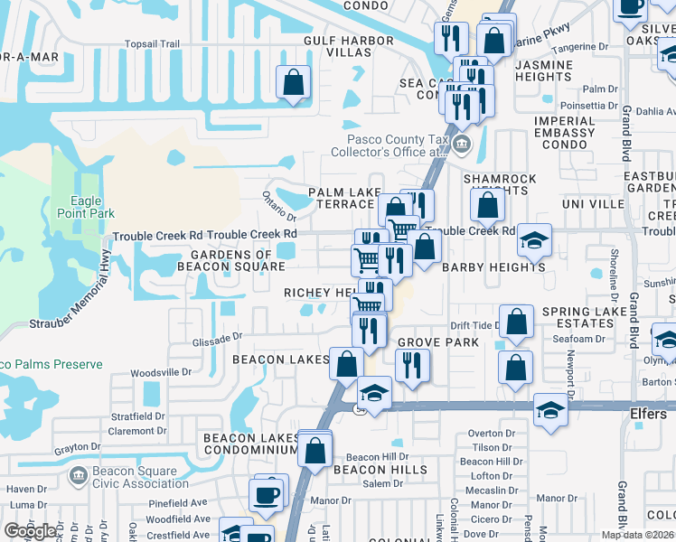 map of restaurants, bars, coffee shops, grocery stores, and more near 4636 Cottonwood Drive in New Port Richey