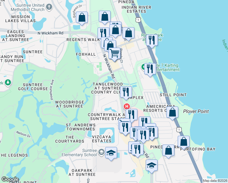 map of restaurants, bars, coffee shops, grocery stores, and more near 305 Tangle Run Boulevard in Melbourne