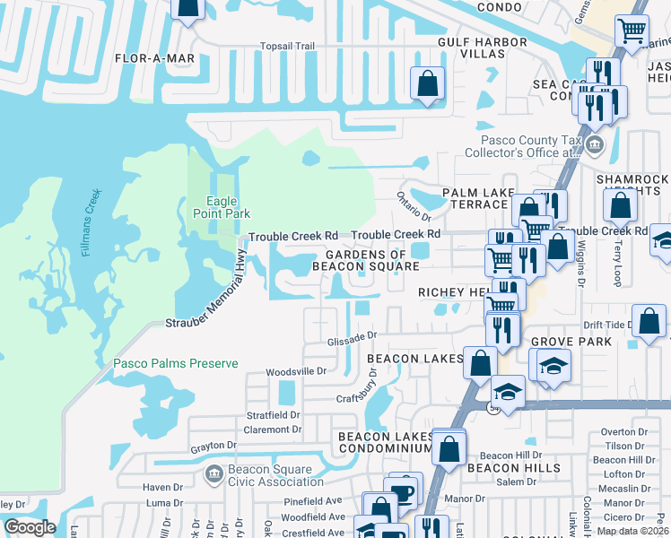 map of restaurants, bars, coffee shops, grocery stores, and more near 4367 Summersun Drive in New Port Richey