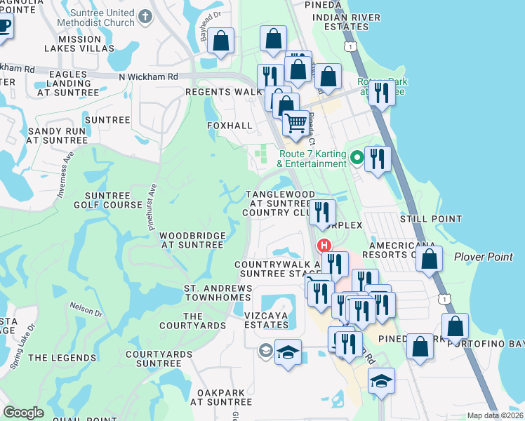 map of restaurants, bars, coffee shops, grocery stores, and more near 407 Lofts Drive in Melbourne
