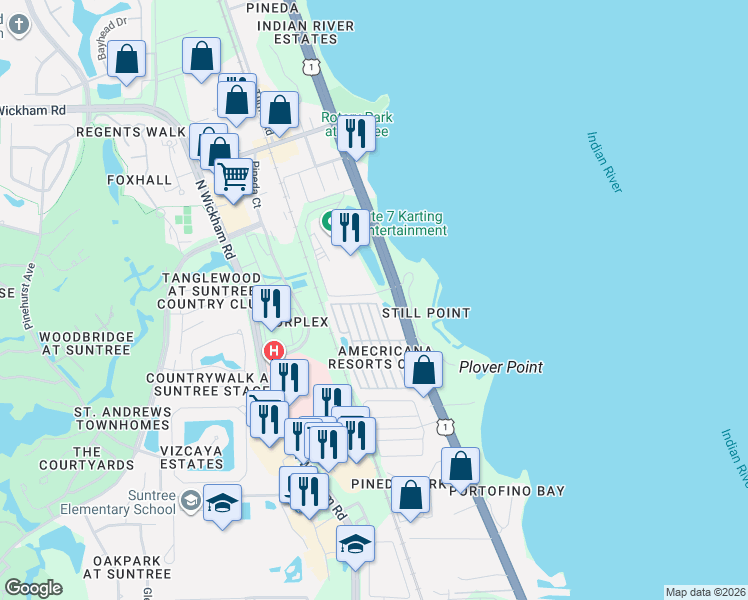 map of restaurants, bars, coffee shops, grocery stores, and more near 433 Montreal Way in Rockledge