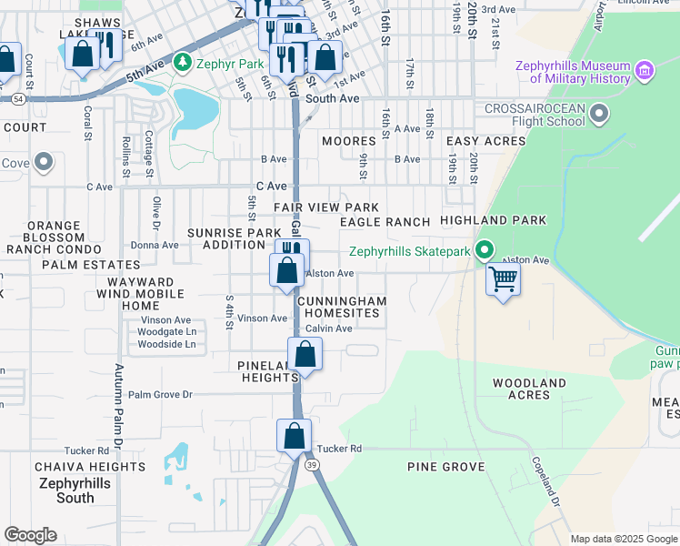 map of restaurants, bars, coffee shops, grocery stores, and more near 38601 Alston Avenue in Zephyrhills