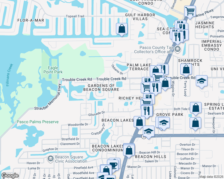 map of restaurants, bars, coffee shops, grocery stores, and more near 4457 Tucker Square in New Port Richey