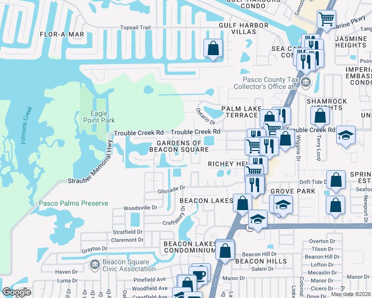 map of restaurants, bars, coffee shops, grocery stores, and more near 4346 Sunstate Drive in New Port Richey