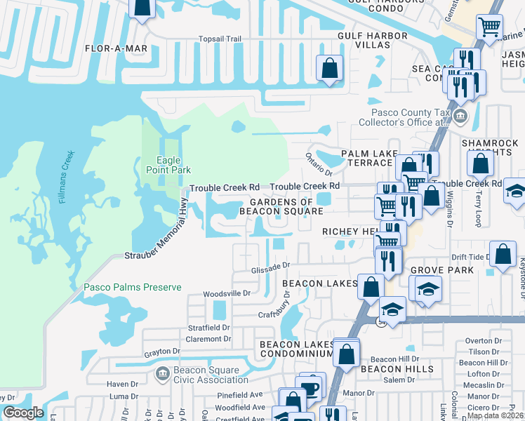map of restaurants, bars, coffee shops, grocery stores, and more near 4367 Summersun Drive in New Port Richey
