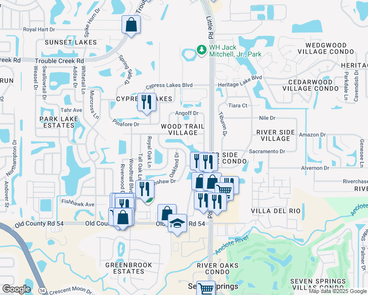 map of restaurants, bars, coffee shops, grocery stores, and more near 4354 Grandwood Lane in New Port Richey