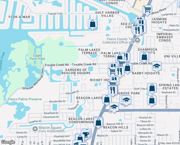map of restaurants, bars, coffee shops, grocery stores, and more near 4457 Tucker Square in New Port Richey