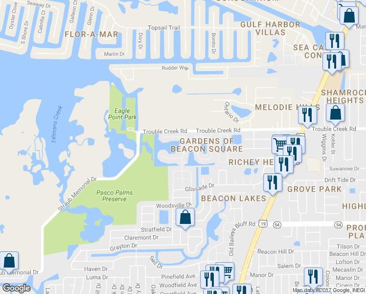 map of restaurants, bars, coffee shops, grocery stores, and more near 4407 Rustic Drive in New Port Richey
