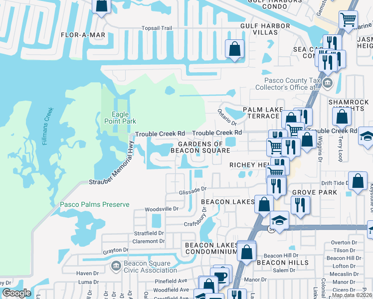 map of restaurants, bars, coffee shops, grocery stores, and more near 4367 Summersun Drive in New Port Richey